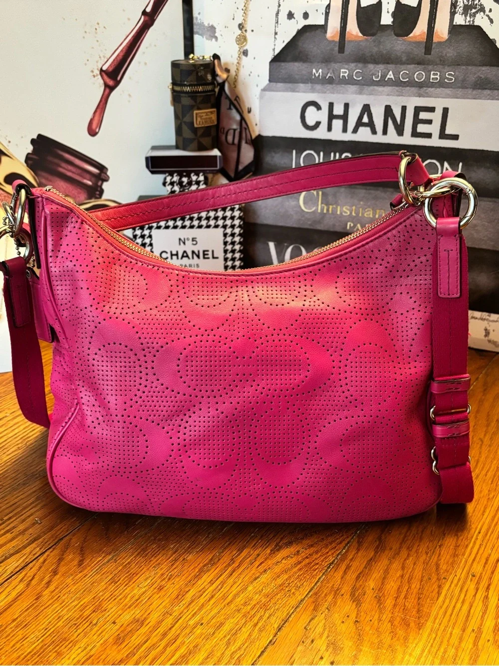Coach F23241 Pink Perforated Leather Convertible Hobo Crossbody Bag